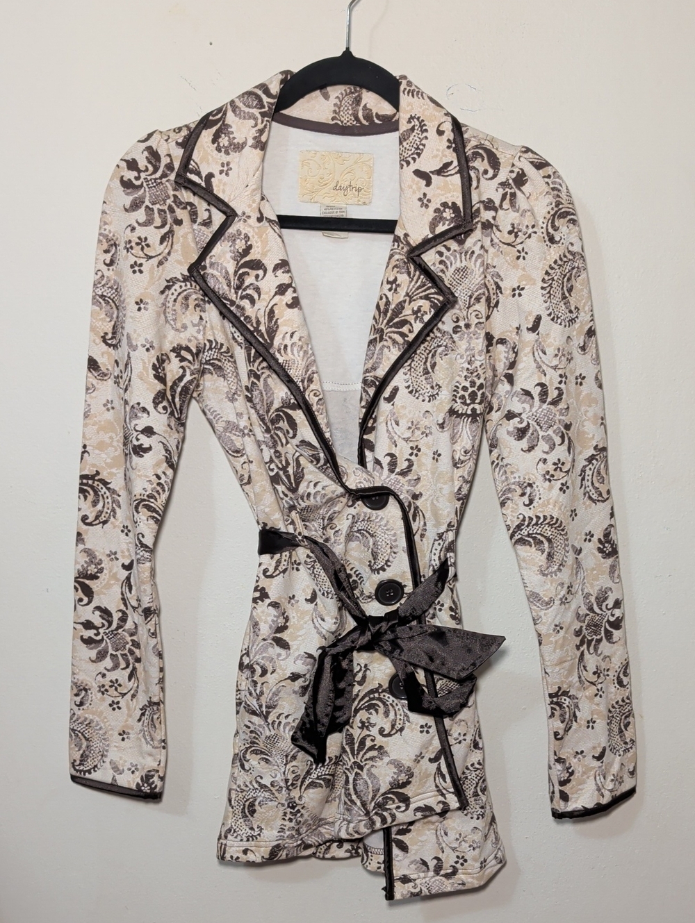 Daytrip Y2K Floral Lightweight Jacket Cream Brown Ribbon Belt Women's Size M